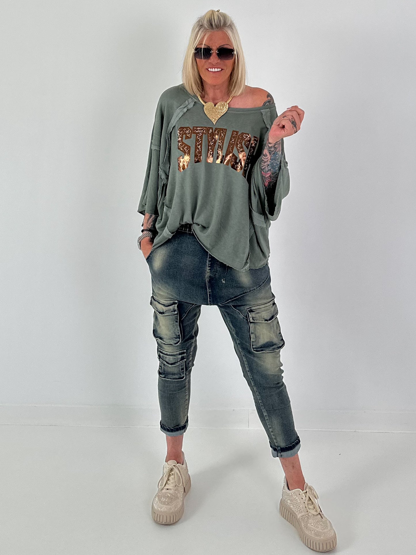 Strick Shirt mit Leo-Print - salbei