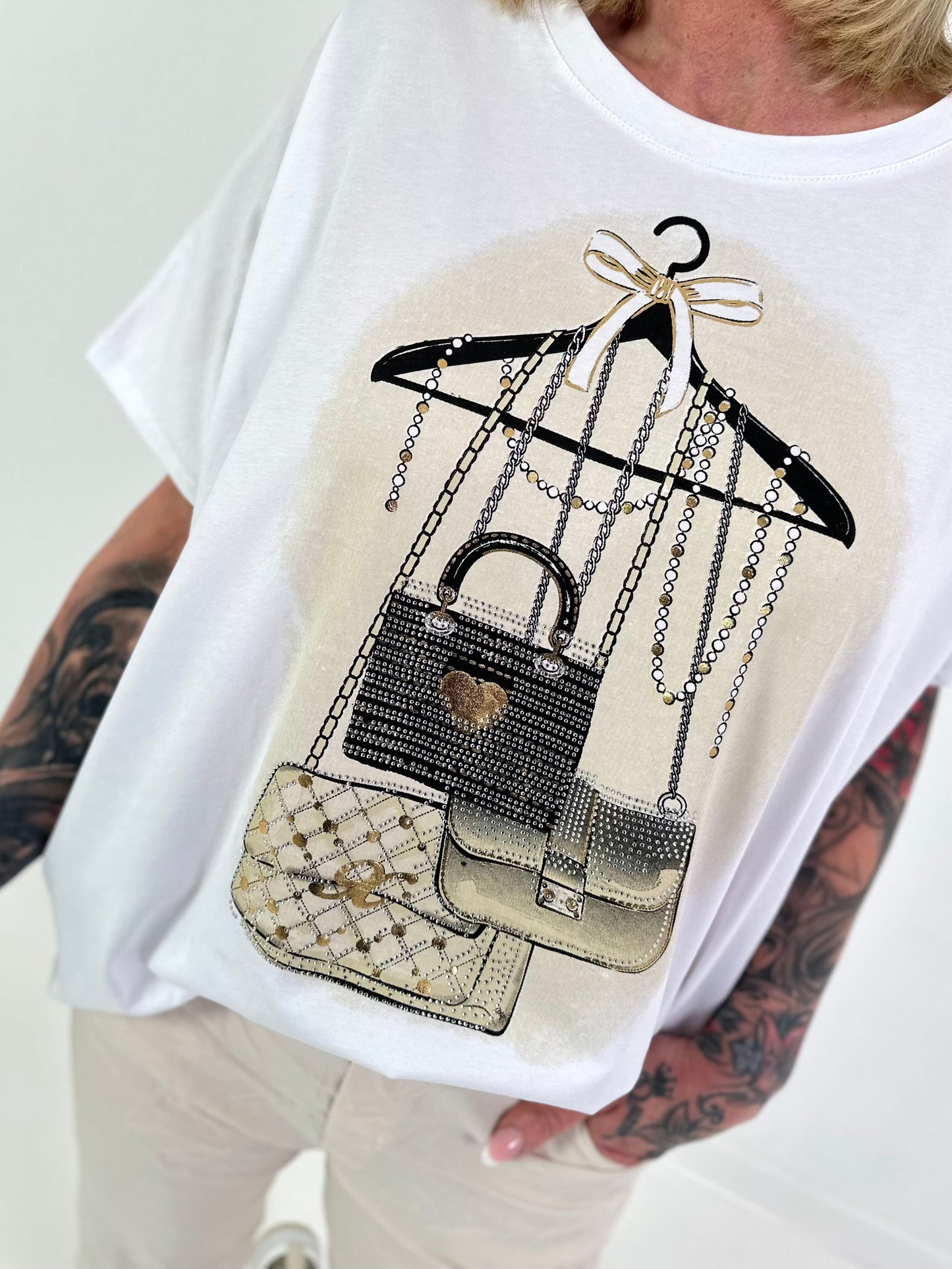 T-Shirt Glitzer-Bag - weiss-beige