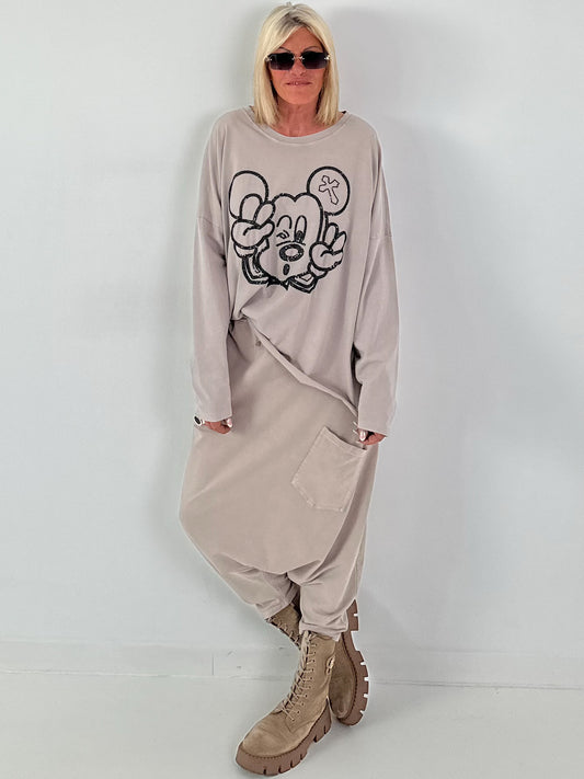 Oversized Sweater mit Paillettenprint - beige
