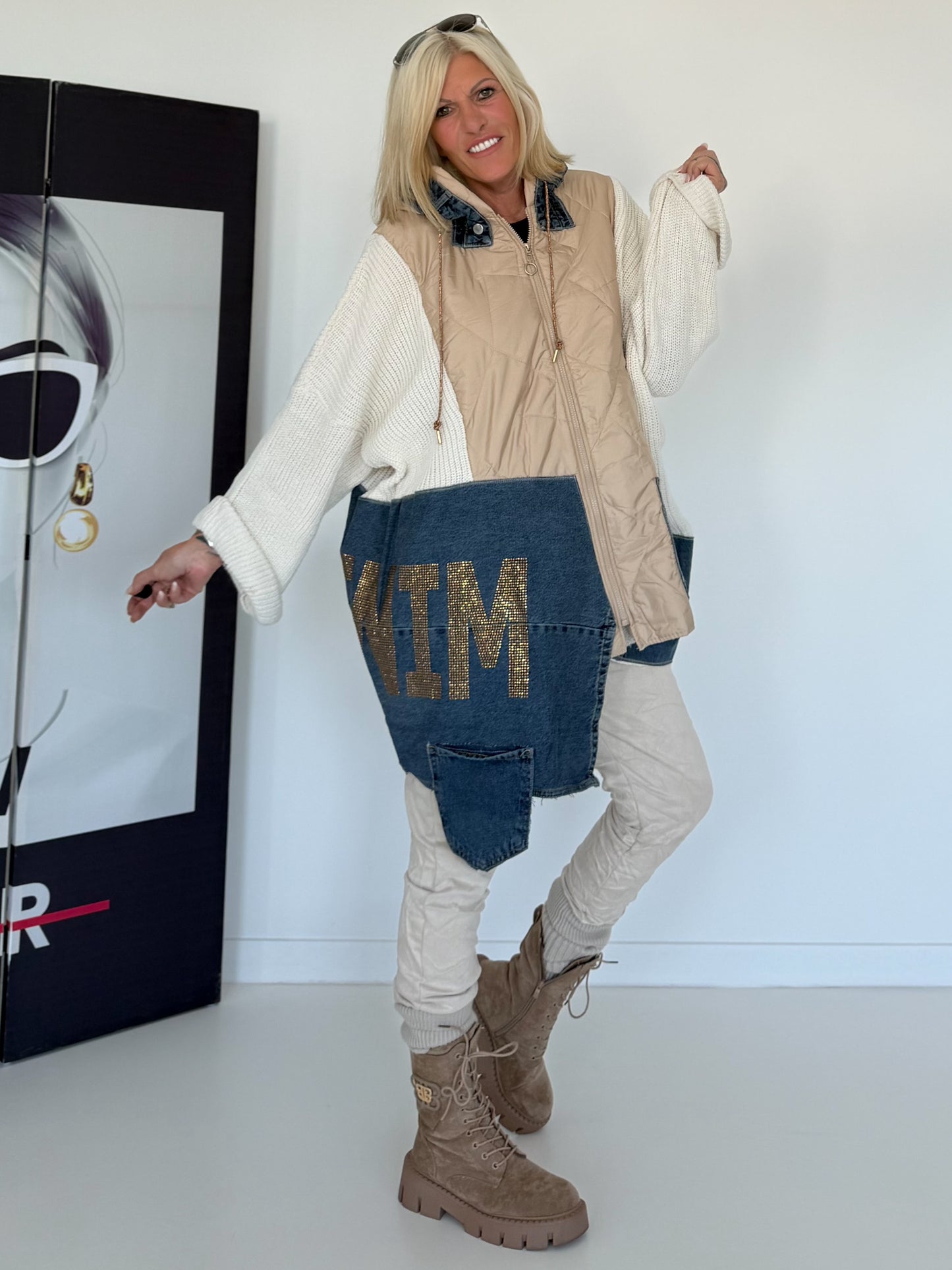 Asymmetrische Oversized Jacke im Materialmix - beige-ecru-denim