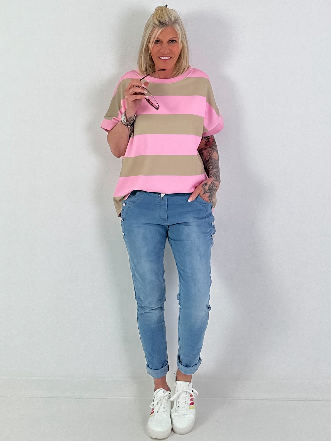 Sweat T-Shirt mit Streifen - taupe-rosa