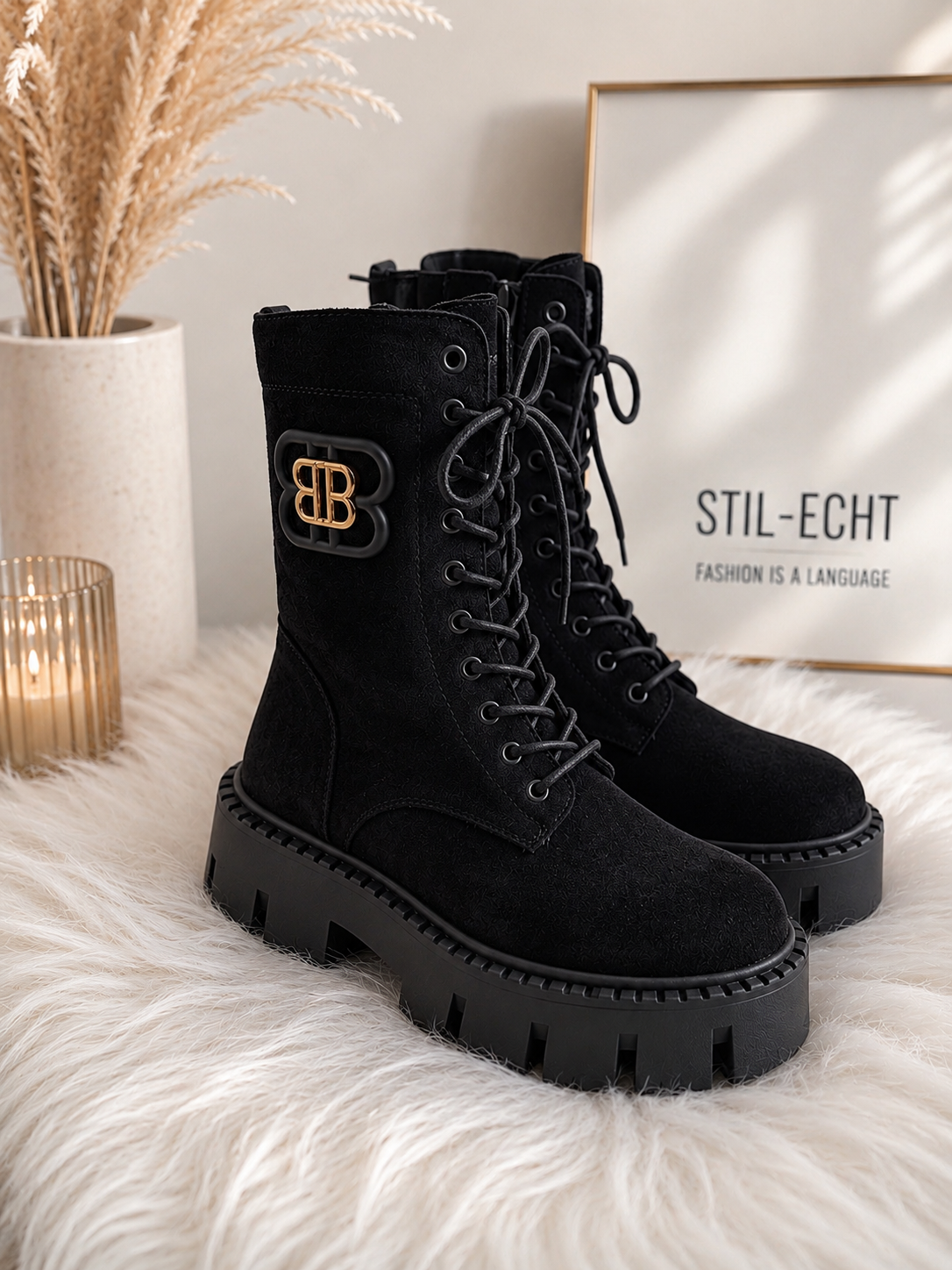 Faux suede ankle boot with chunky sole - black
