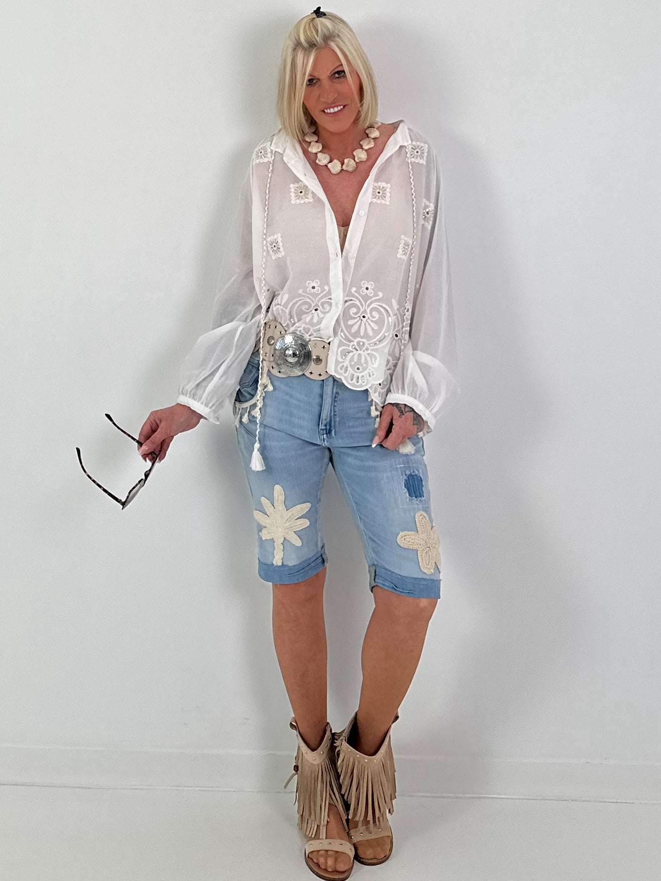 Boho blouse with elaborate details - white