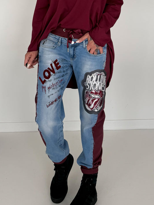 Jogg-Jeans im Used Look Love & Rock - denim-burgundi