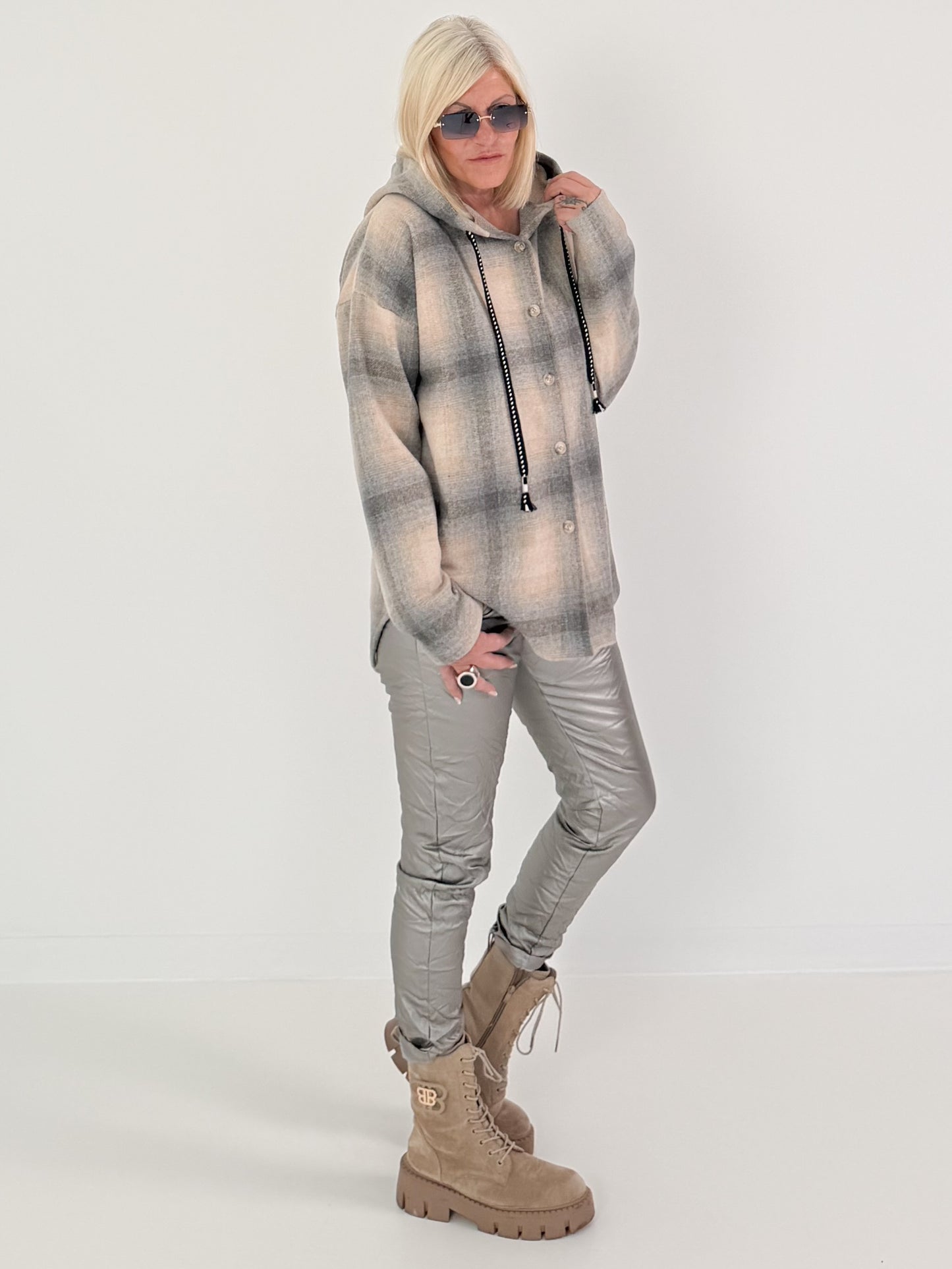 Checked shirt jacket with hood - beige-grey-multi-coloured