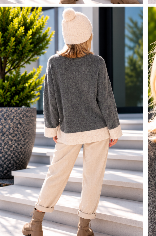Pullover mit Kontrastsaum - anthrazit-beige