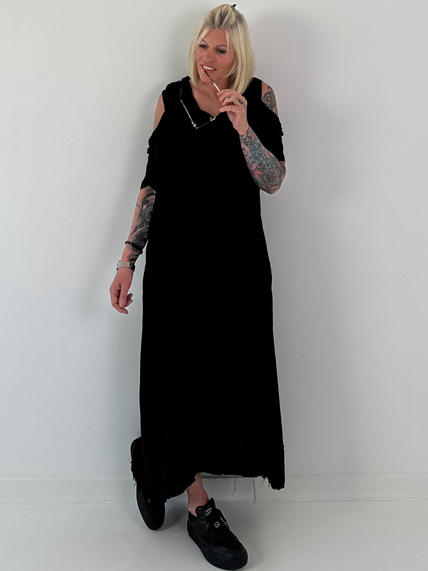 Black dress with cold shoulder and hood