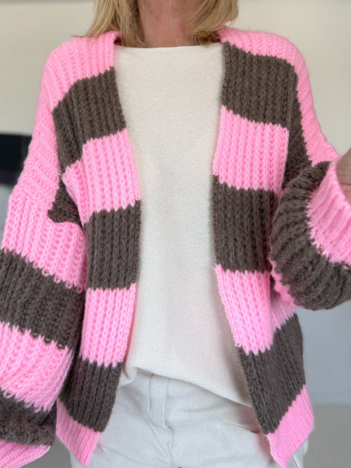 Strickjacke mit Blockstreifen - rosa-taupe