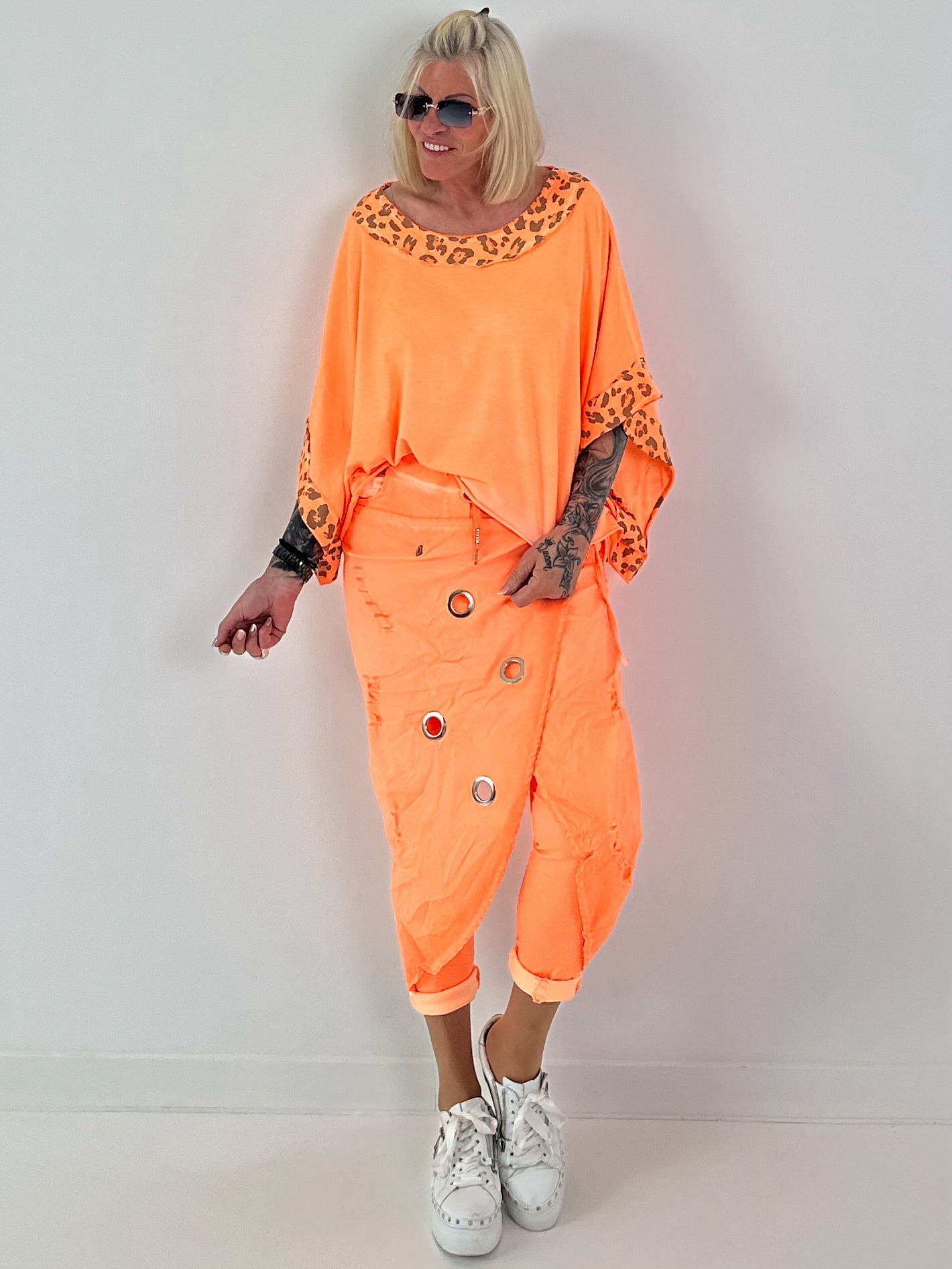 Poncho Shirt mit Leo Print - neonorange