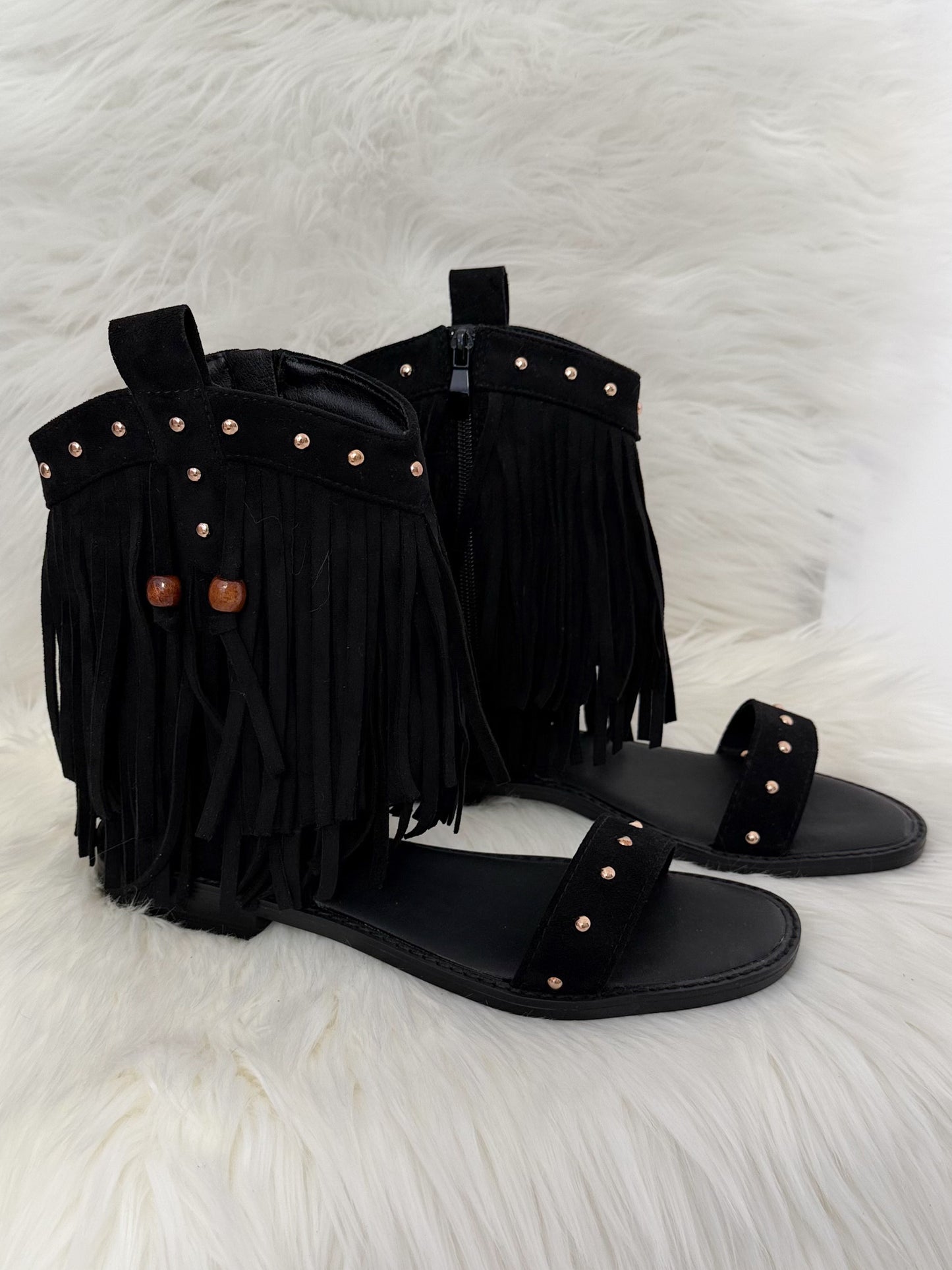Boho Sandalen mit Fransen - schwarz