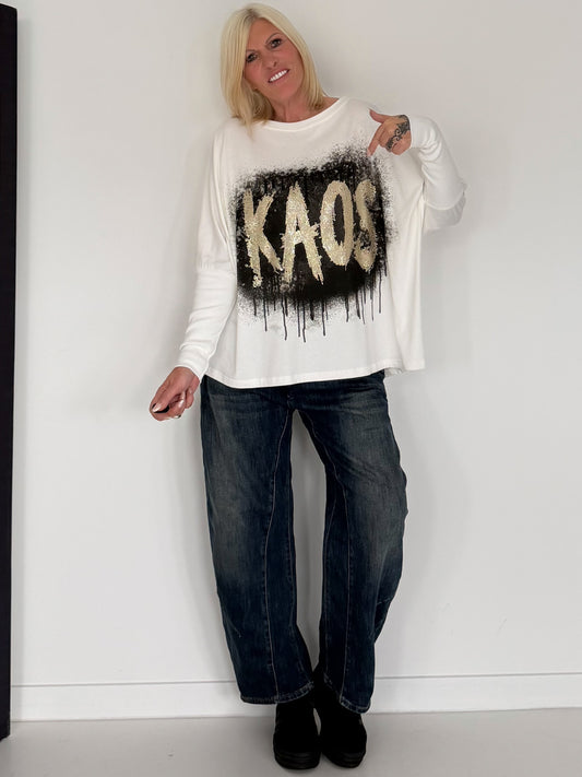 Sweater mit Stulpenärmeln und Strassmotiv KAOS - ecru