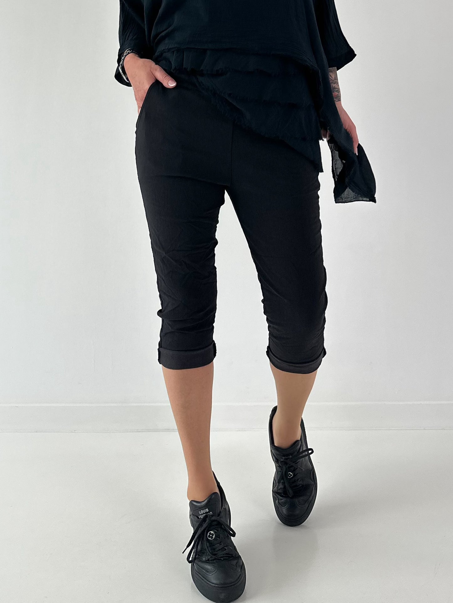 Capri Hose mit Bindeband - schwarz
