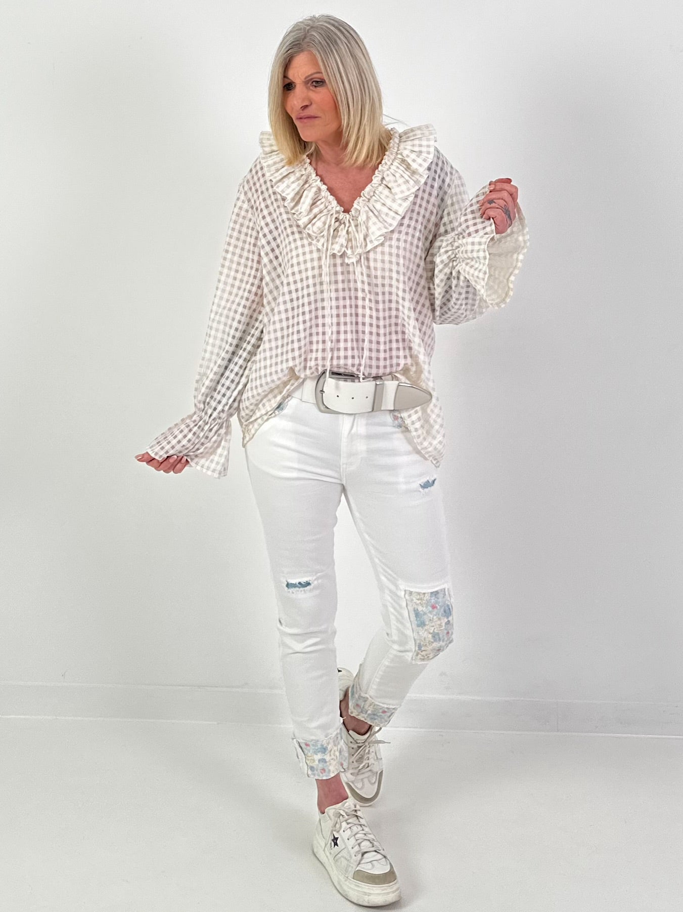 Oversized Tunika mit Vichy Muster - beige-weiss