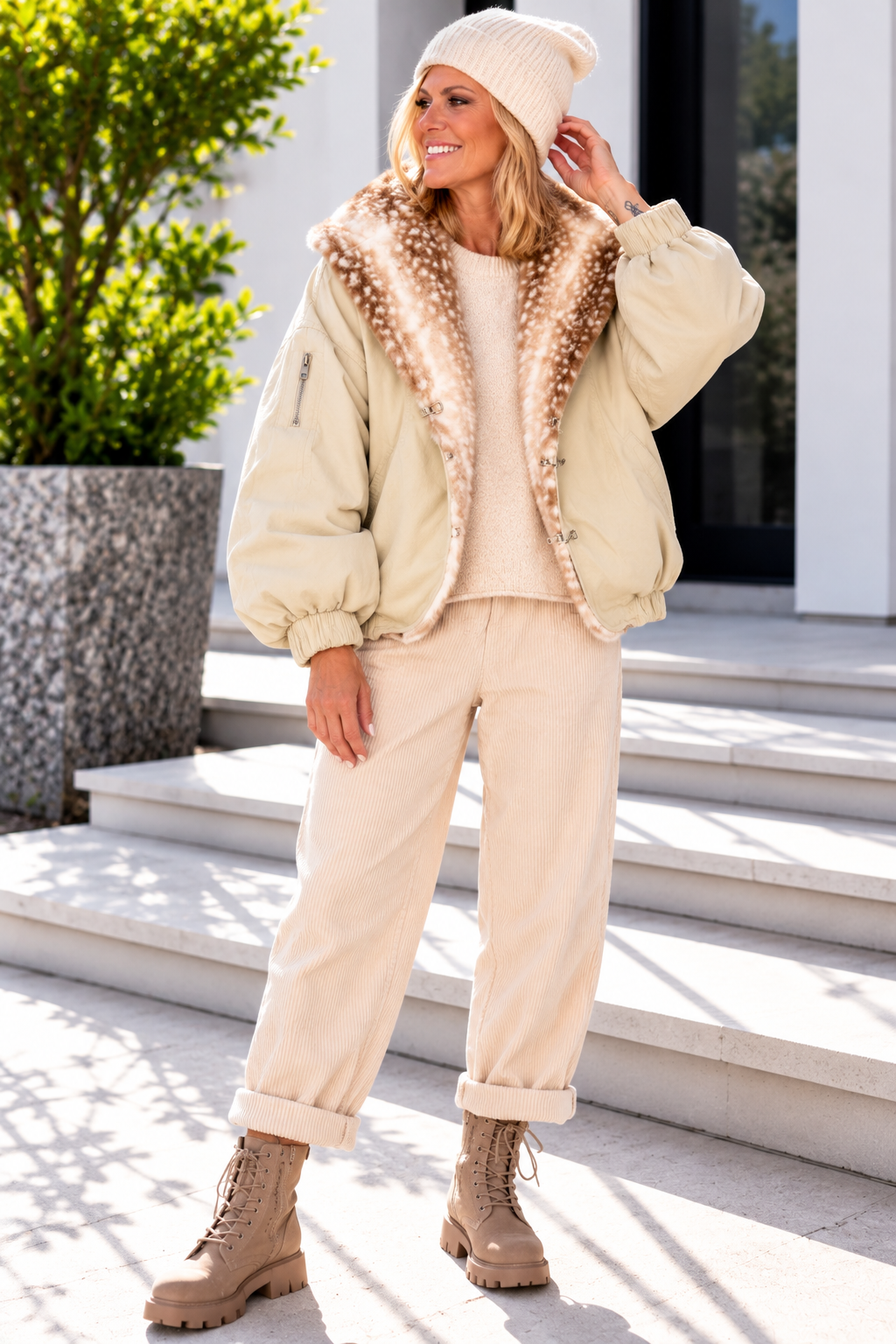 Bomberjacke mit Fake Fur Einsatz - beige-mehrfarbig