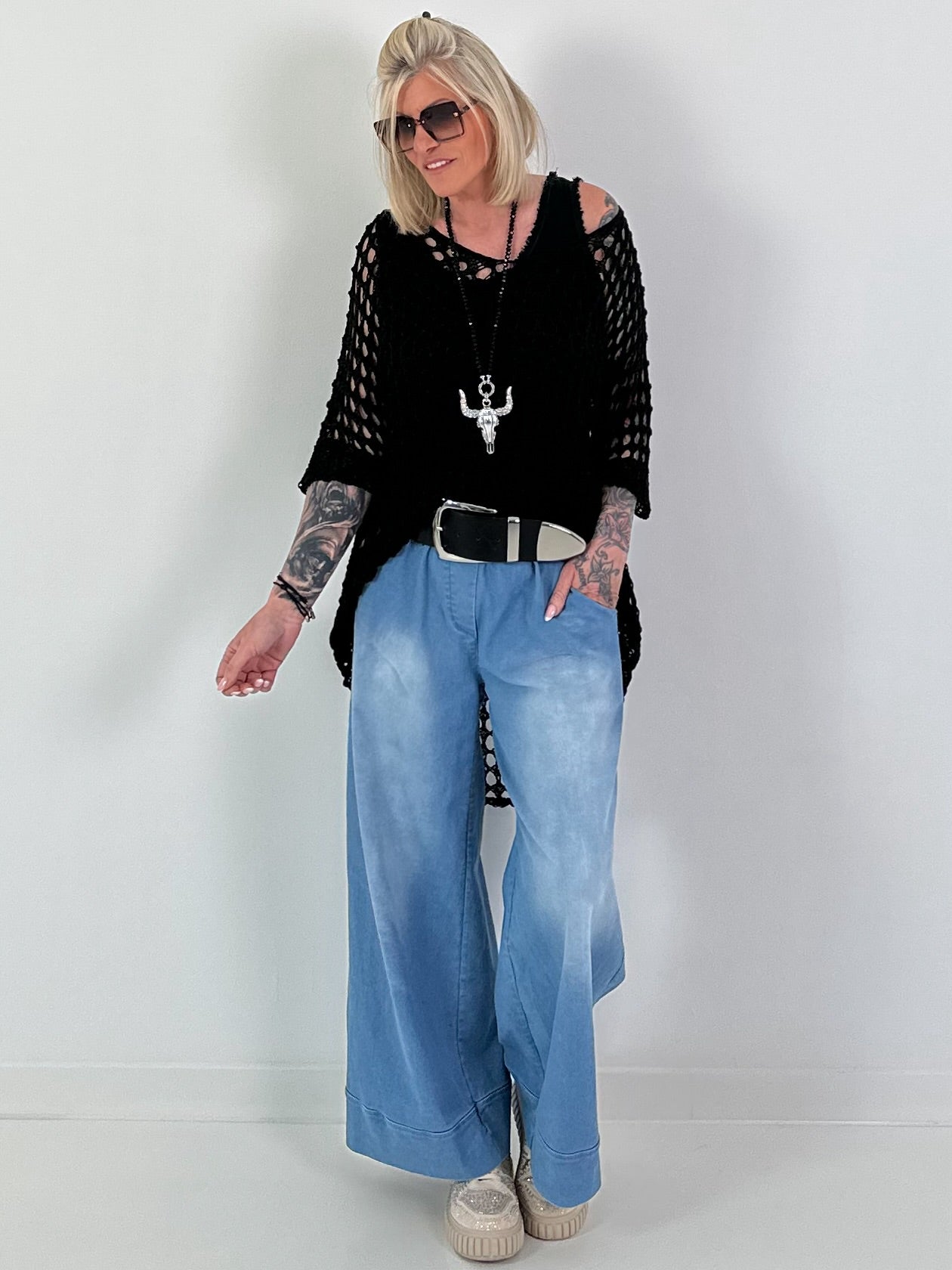 Oversized Häkelpulli - schwarz