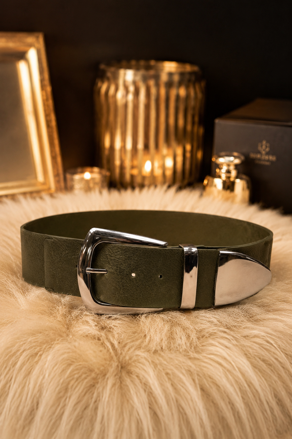 Stretch riem model "Blair" - olijf-zilver