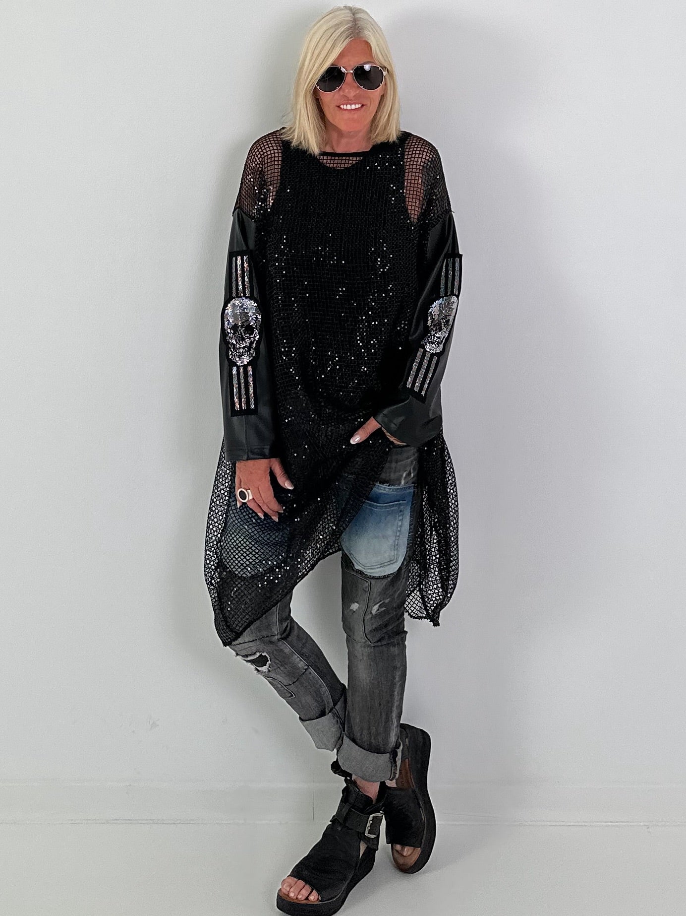 Stylish Long Mesh Shirt with Skull Details - black