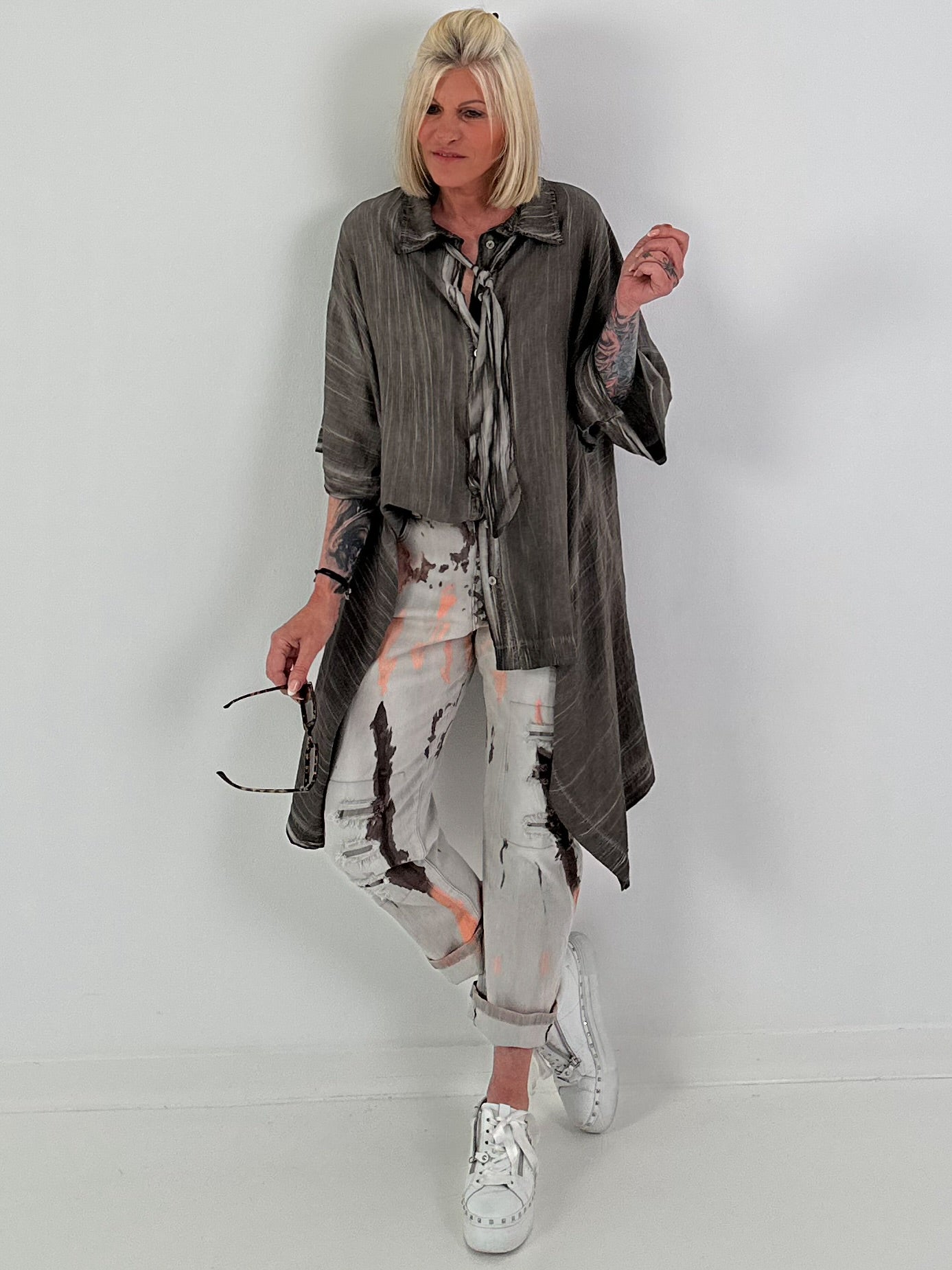 Oversized asymmetric blouse with tie - chocolate