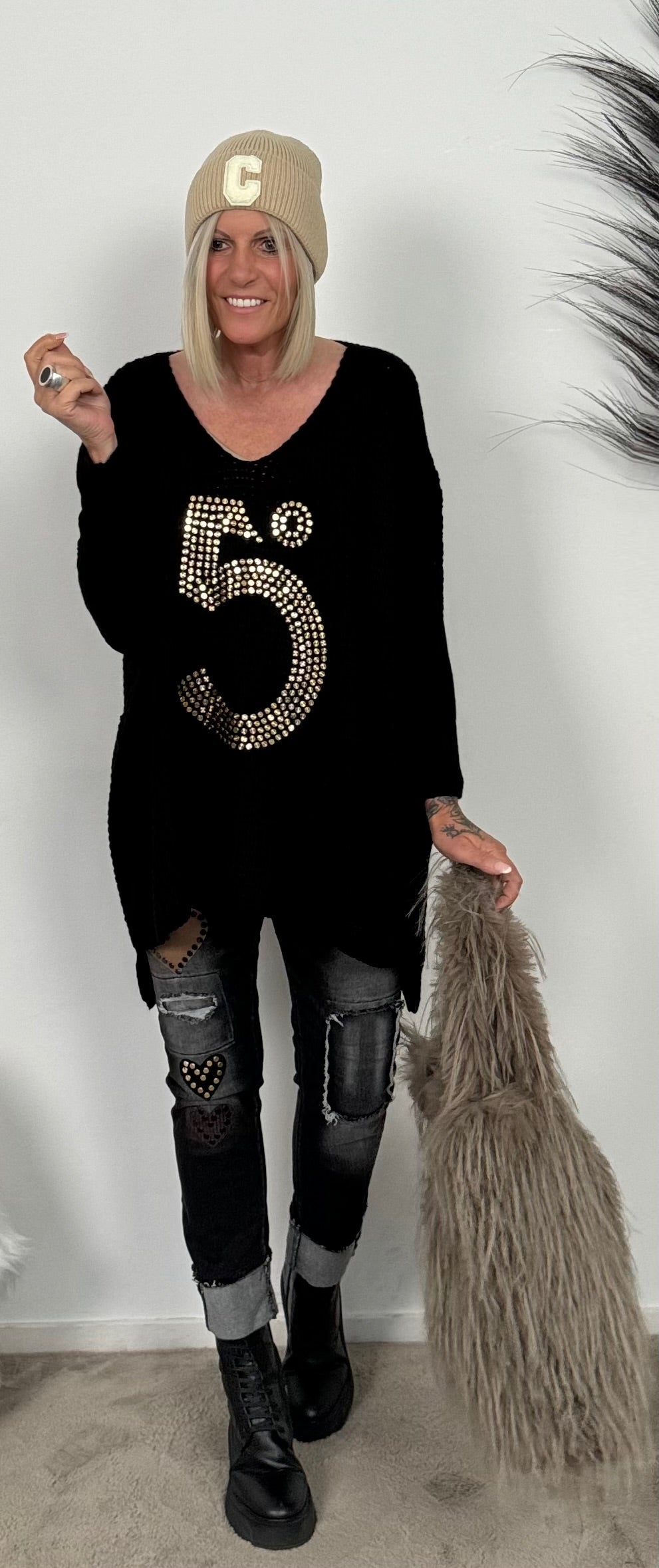 Oversized Pullover "5" - schwarz