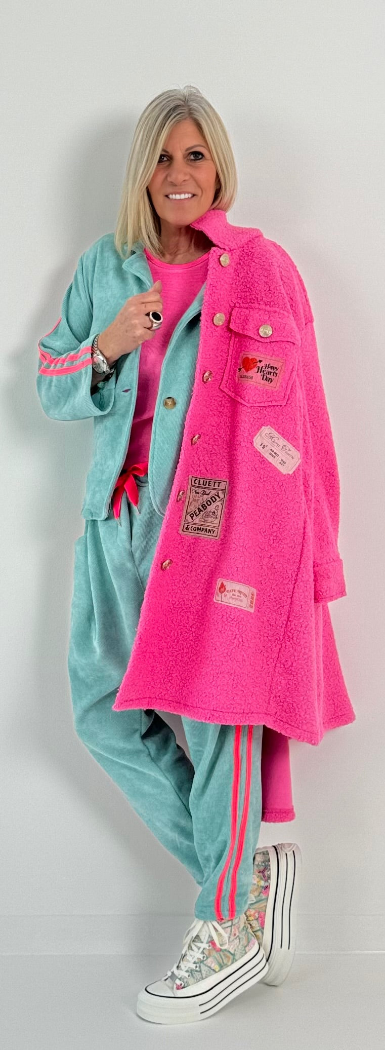 Boucle coat with patches model "Style" - pink