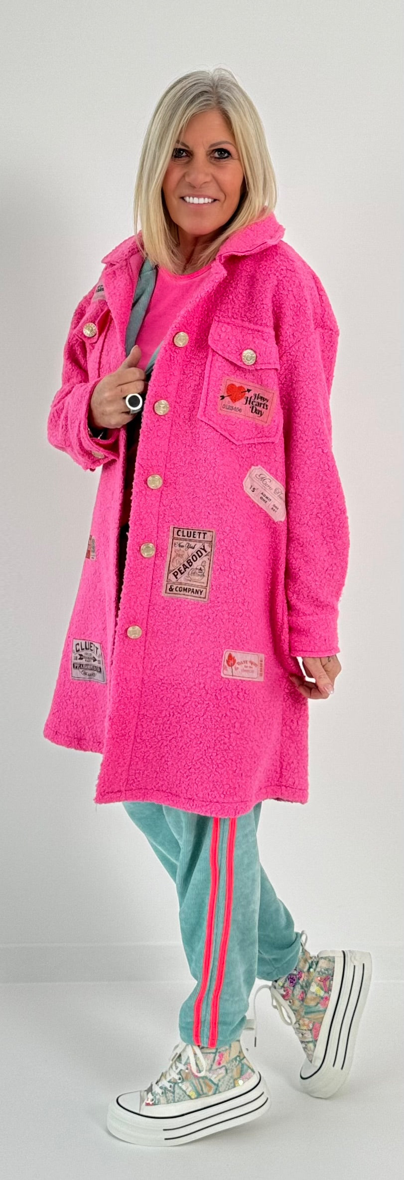 Boucle coat with patches model "Style" - pink