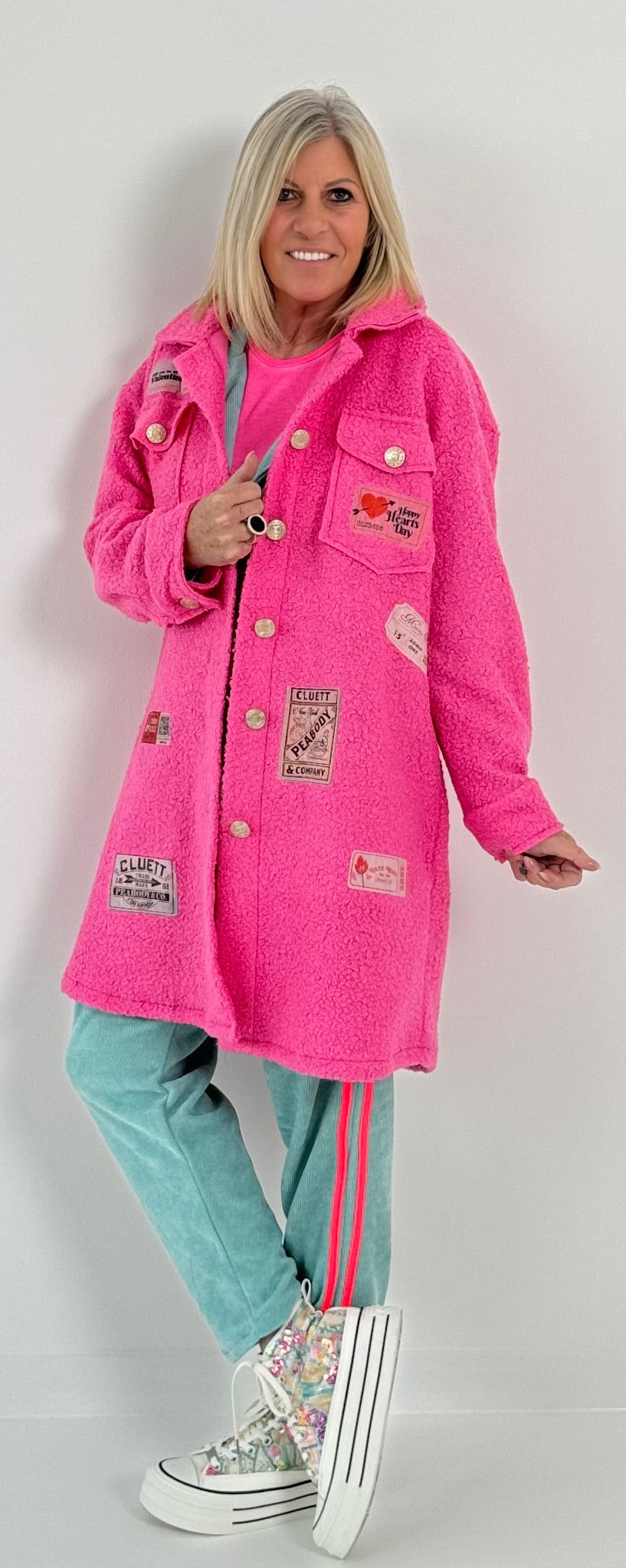 Boucle coat with patches model "Style" - pink