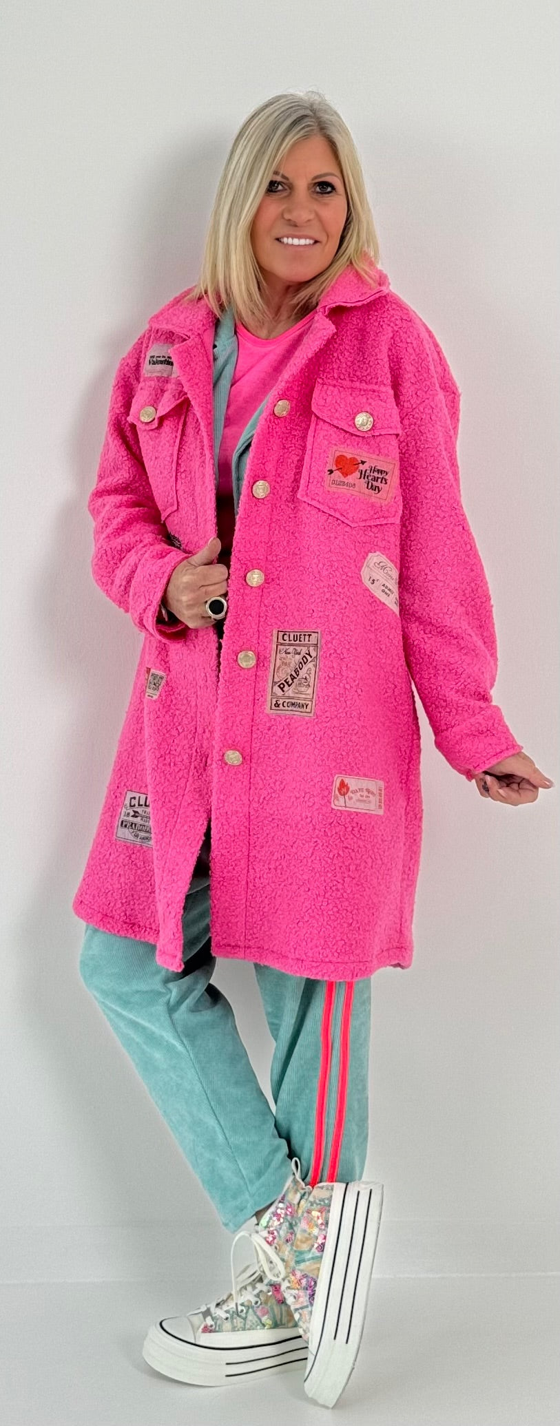 Boucle coat with patches model "Style" - pink