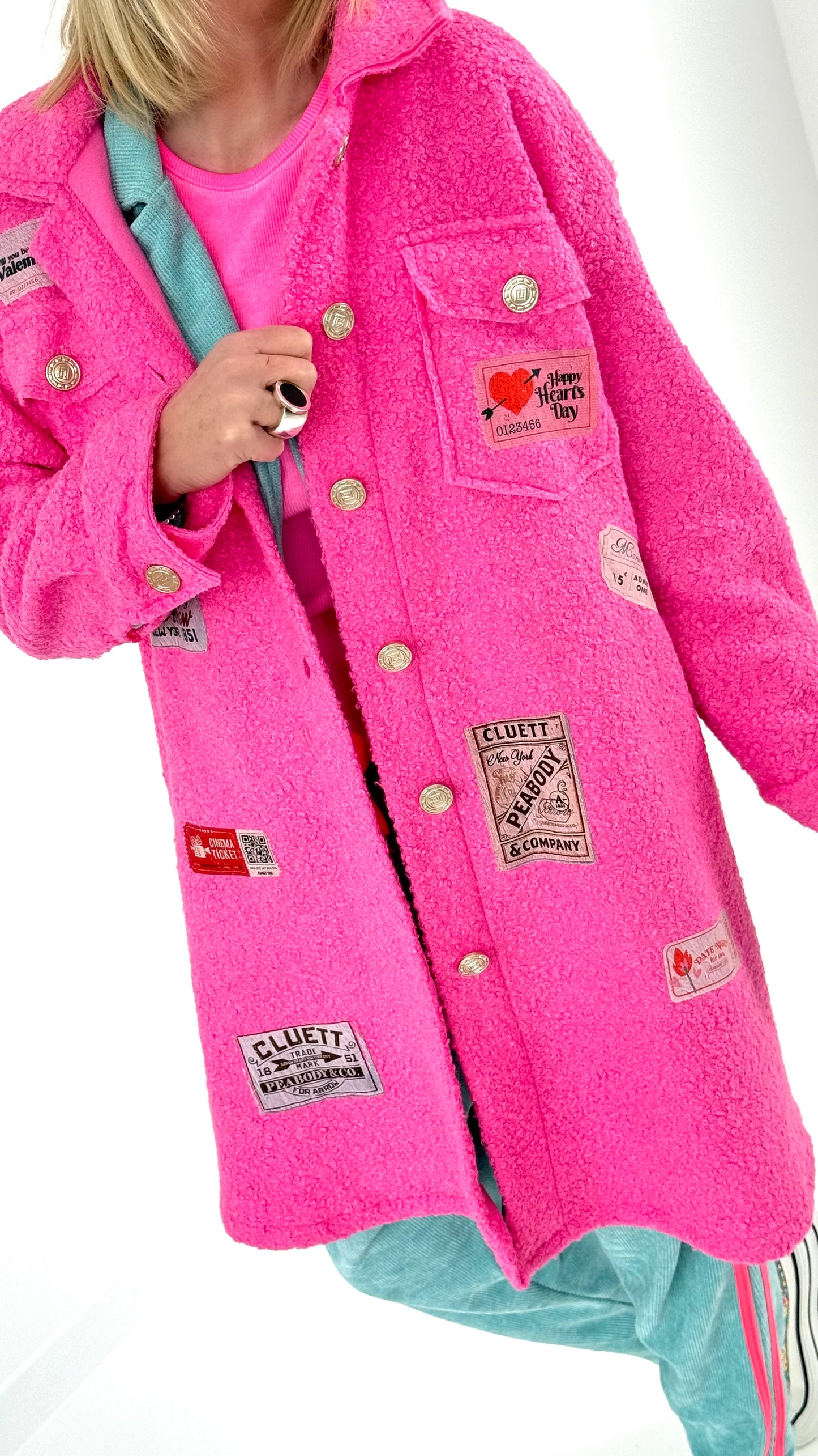 Boucle coat with patches model "Style" - pink