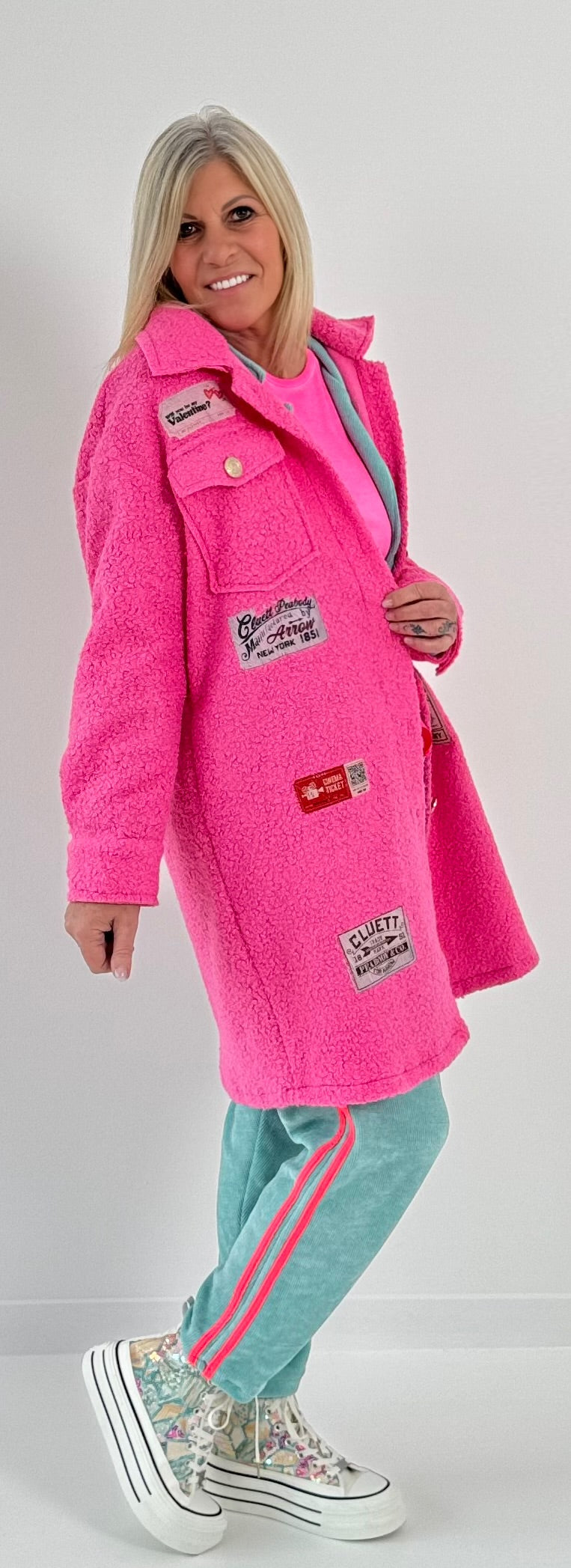 Boucle coat with patches model "Style" - pink