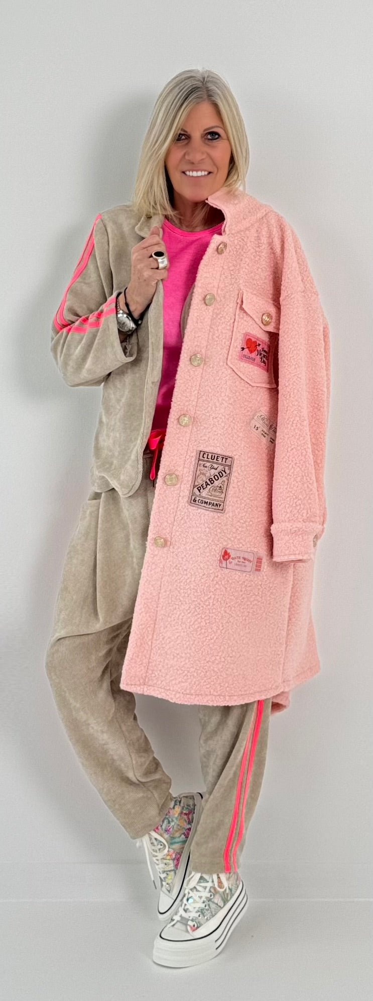 Boucle coat with patches model "Style" - pink