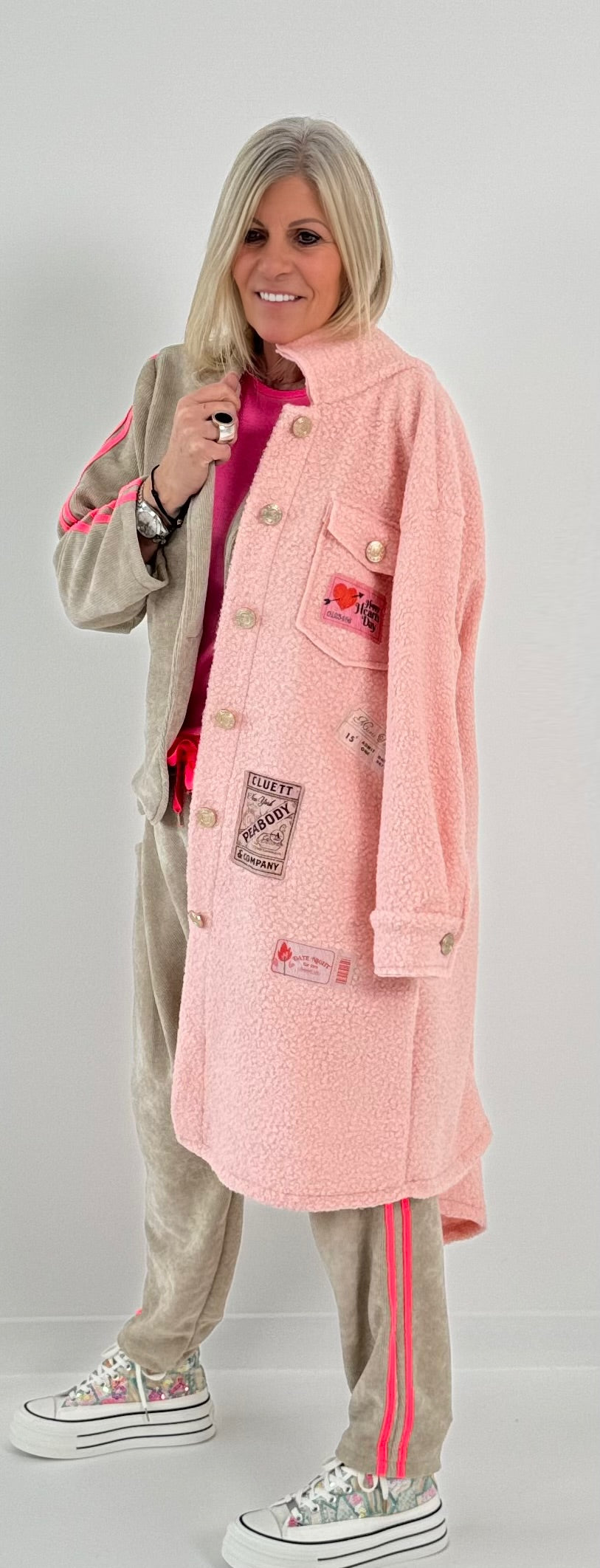 Boucle coat with patches model "Style" - pink