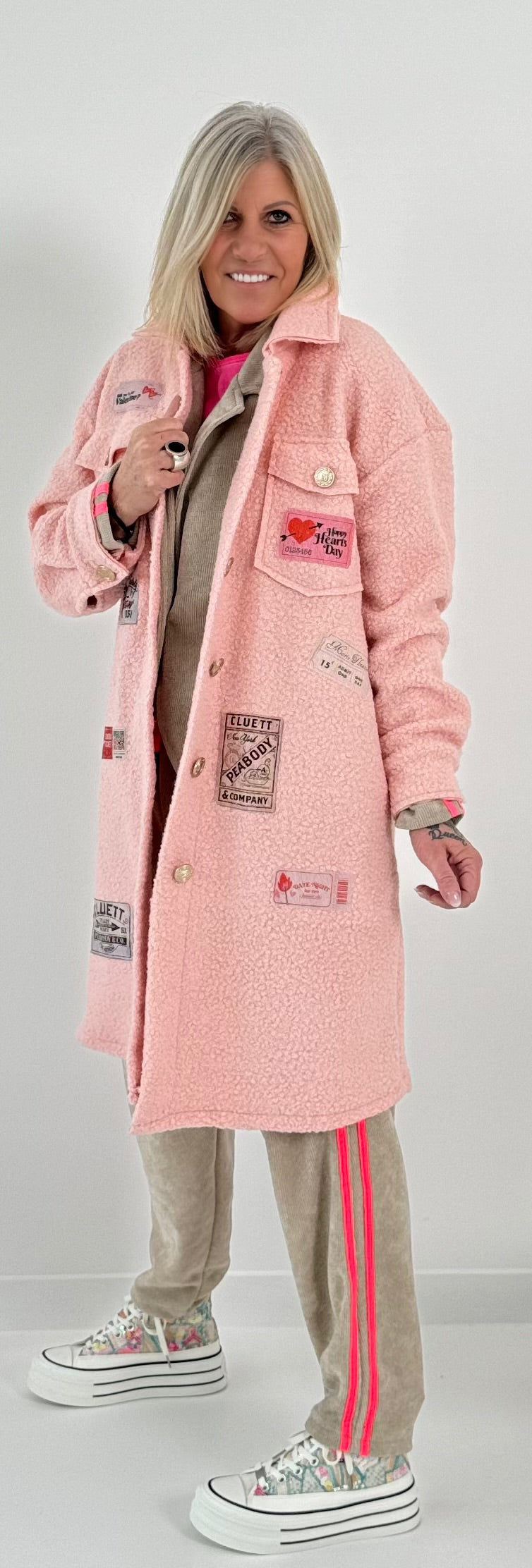 Boucle coat with patches model "Style" - pink