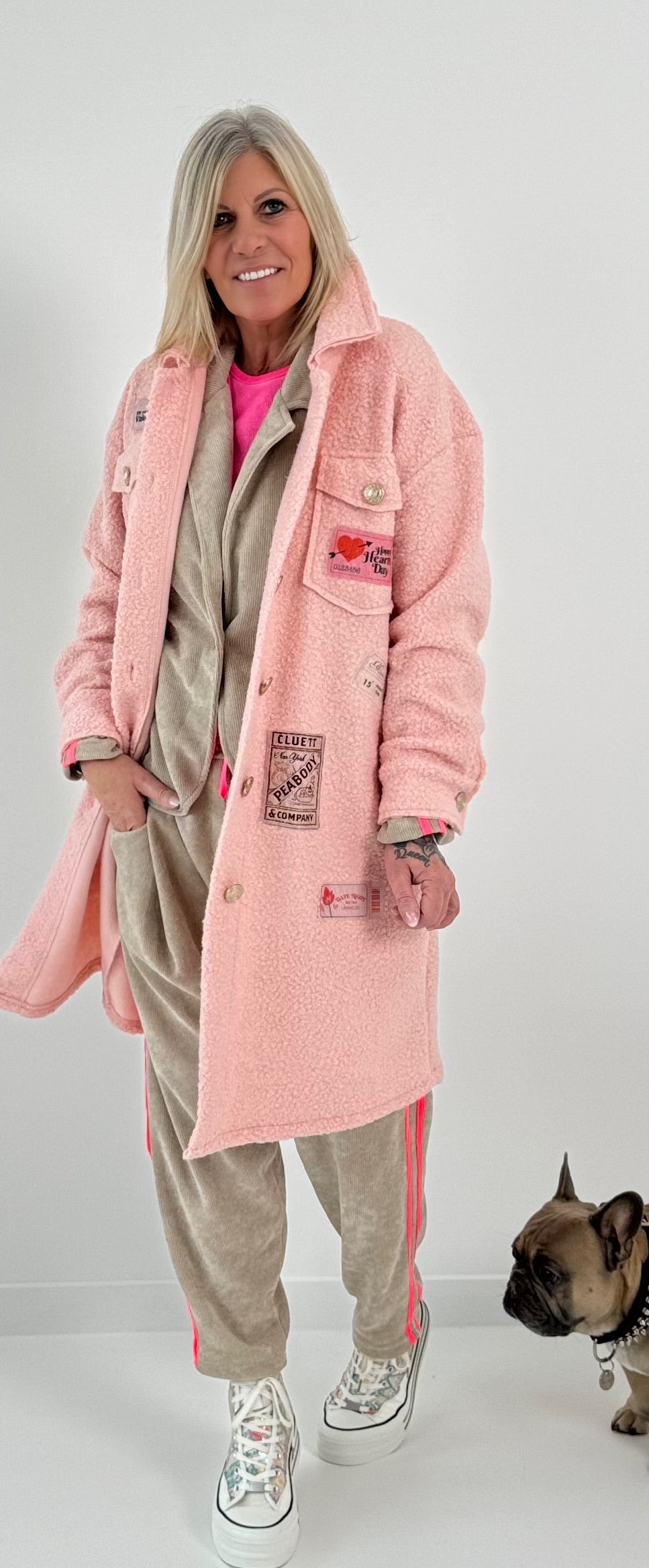 Boucle coat with patches model "Style" - pink