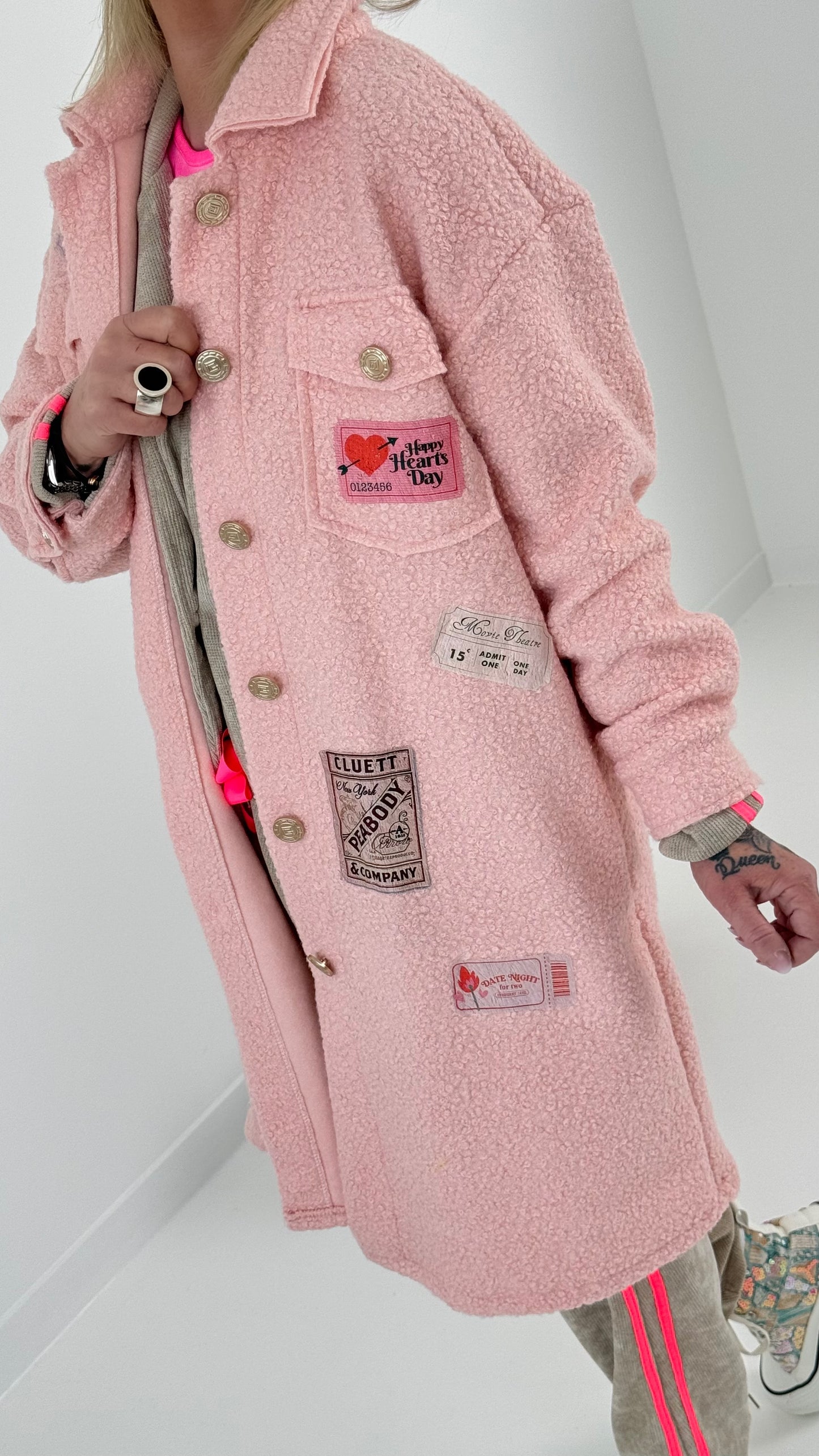 Boucle coat with patches model "Style" - pink