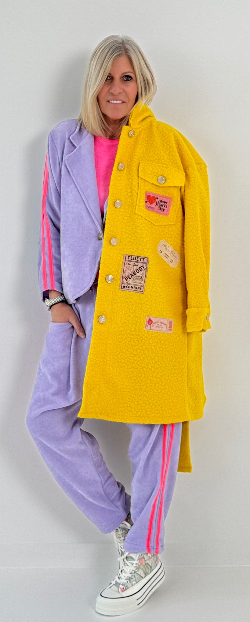 Boucle coat with patches model "Style" - yellow