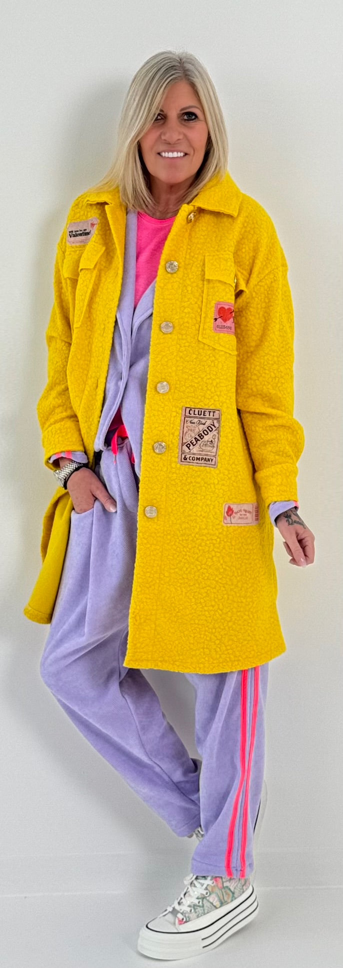 Boucle coat with patches model "Style" - yellow