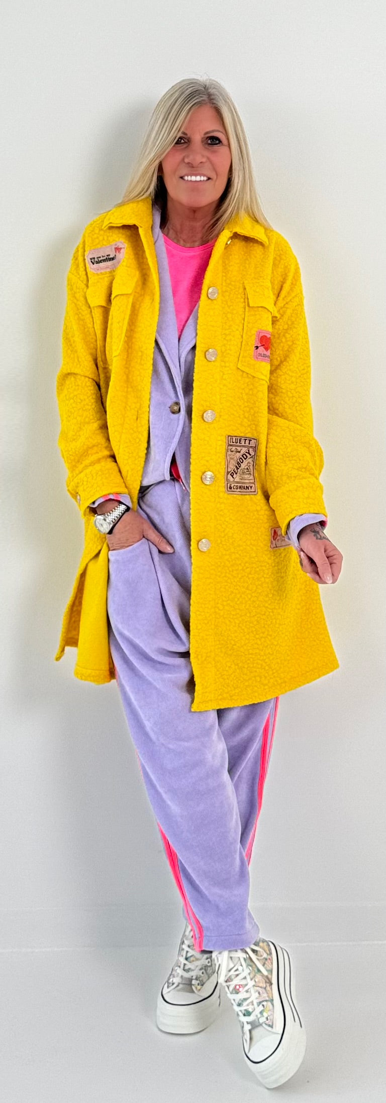 Boucle coat with patches model "Style" - yellow