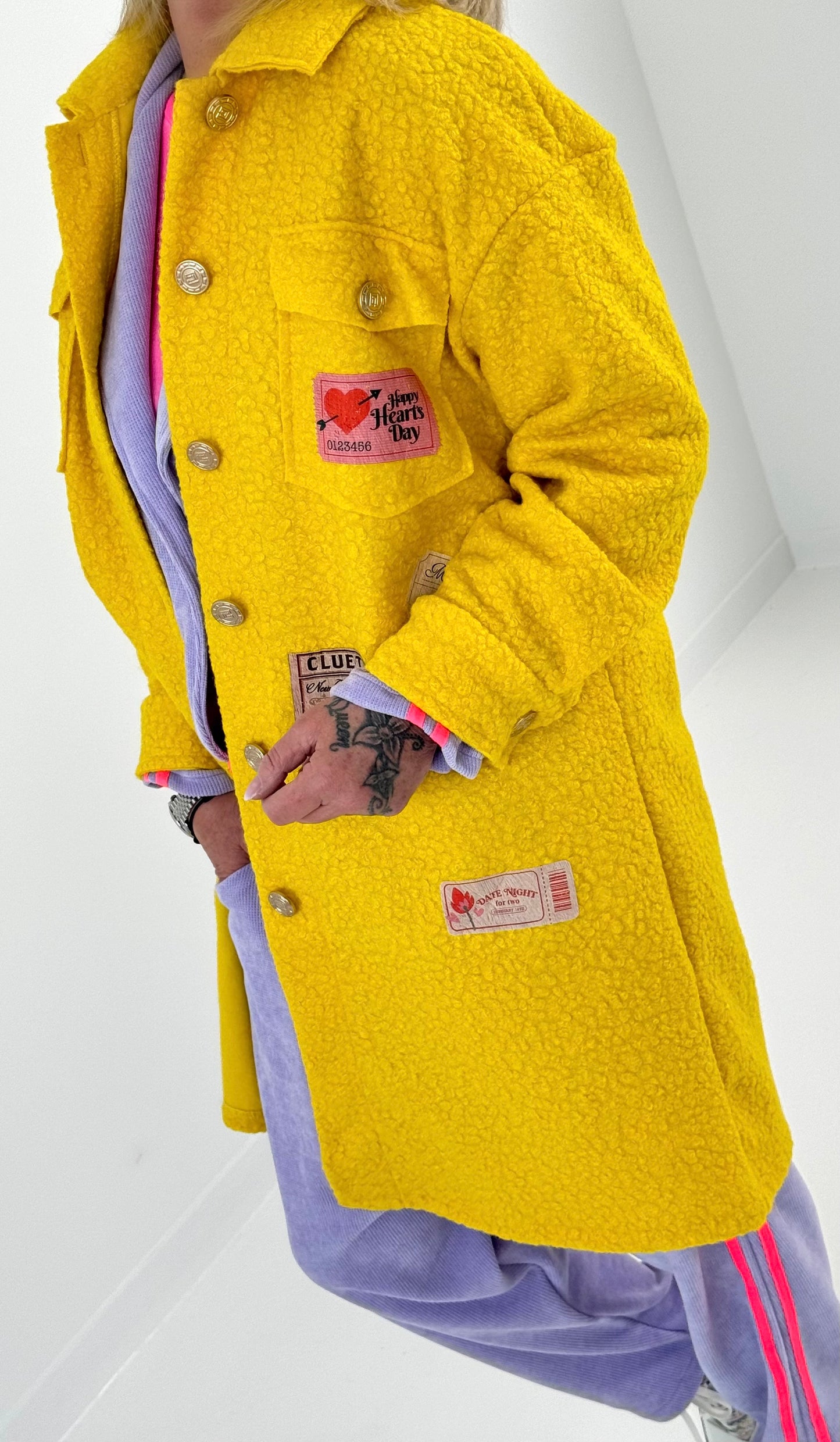 Boucle coat with patches model "Style" - yellow