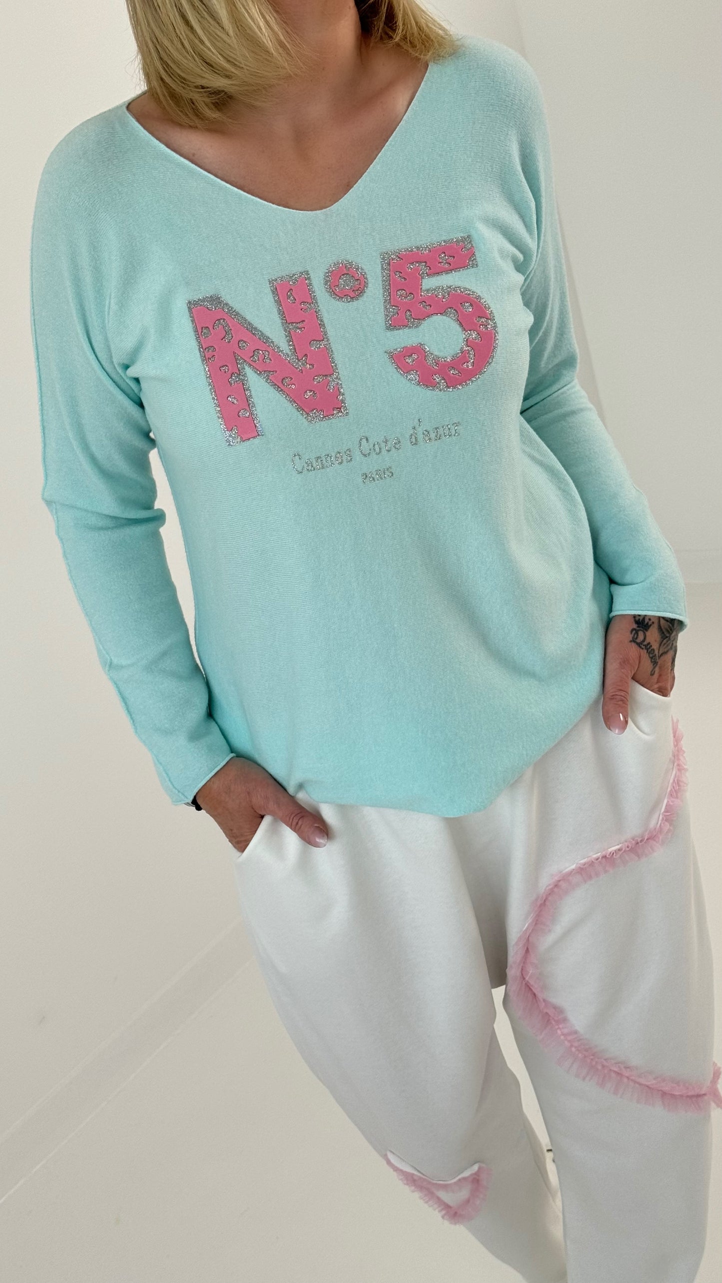 Fine knit sweater model "No 5" - baby turquoise