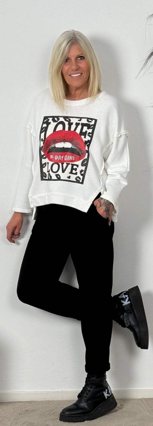 Sweatshirt met glittersteentjes "Love Kiss" - wit