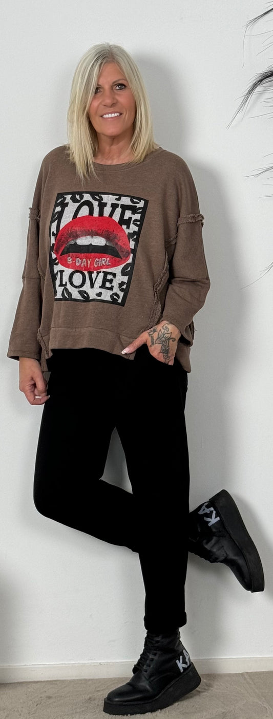 Sweatshirt glittersteentjes "Love Kiss" - chocolade