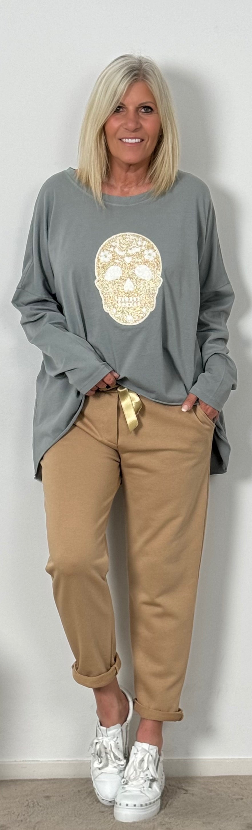 Sweatshirt Hose mit Satinbändchen "Lena" - camel