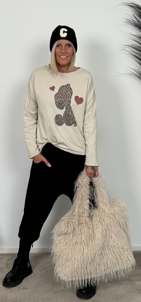 Shirt with Leo print and glitter stones "My Dog" - beige