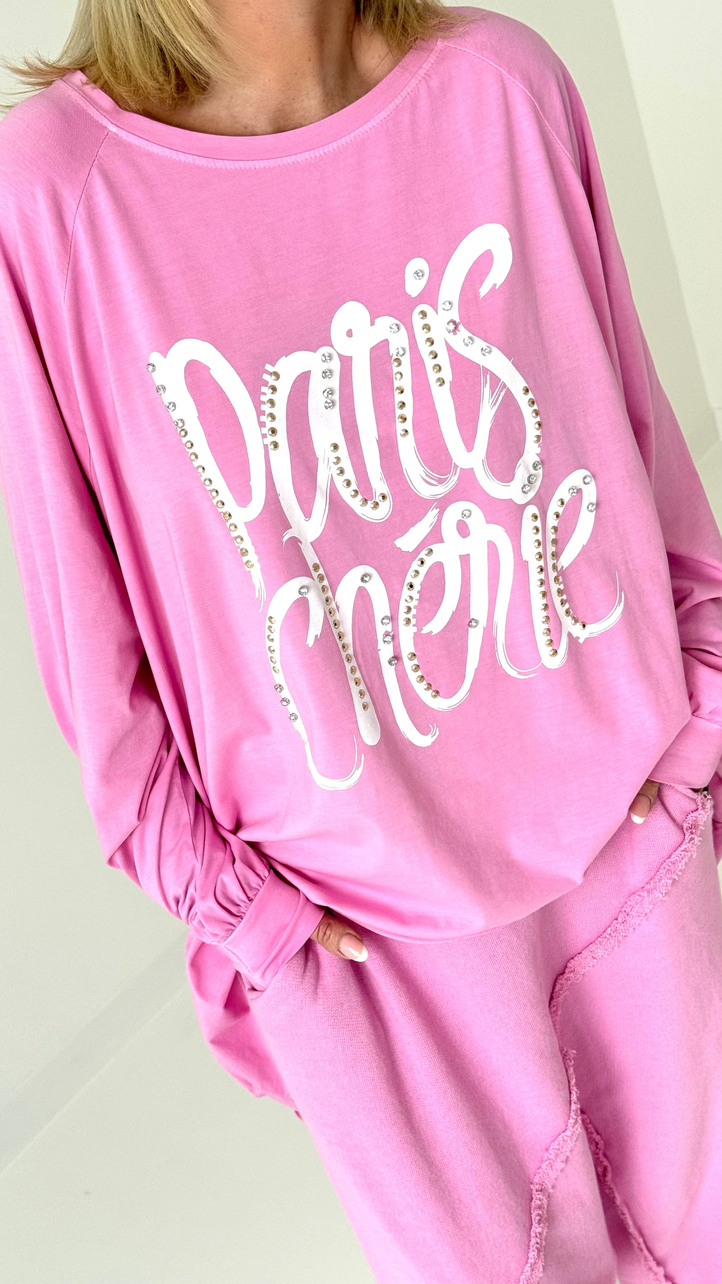 Oversized Shirt mit Nieten und Strasssteinen Modell "Paris" - candy-rosa