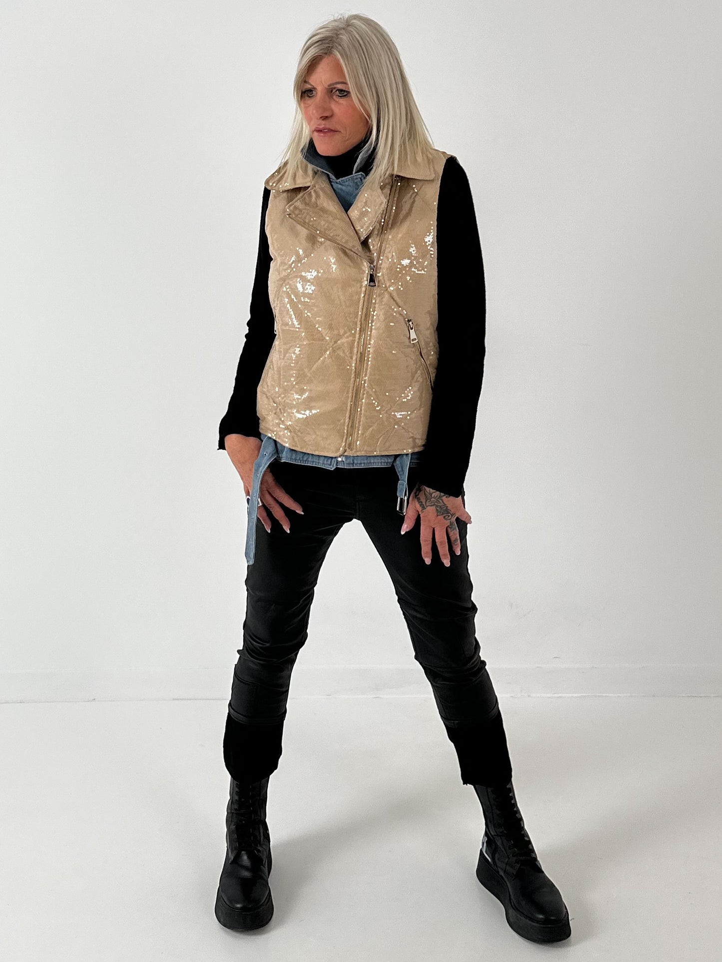 Vest with sequins and denim insert model "Smilla" - beige-denim