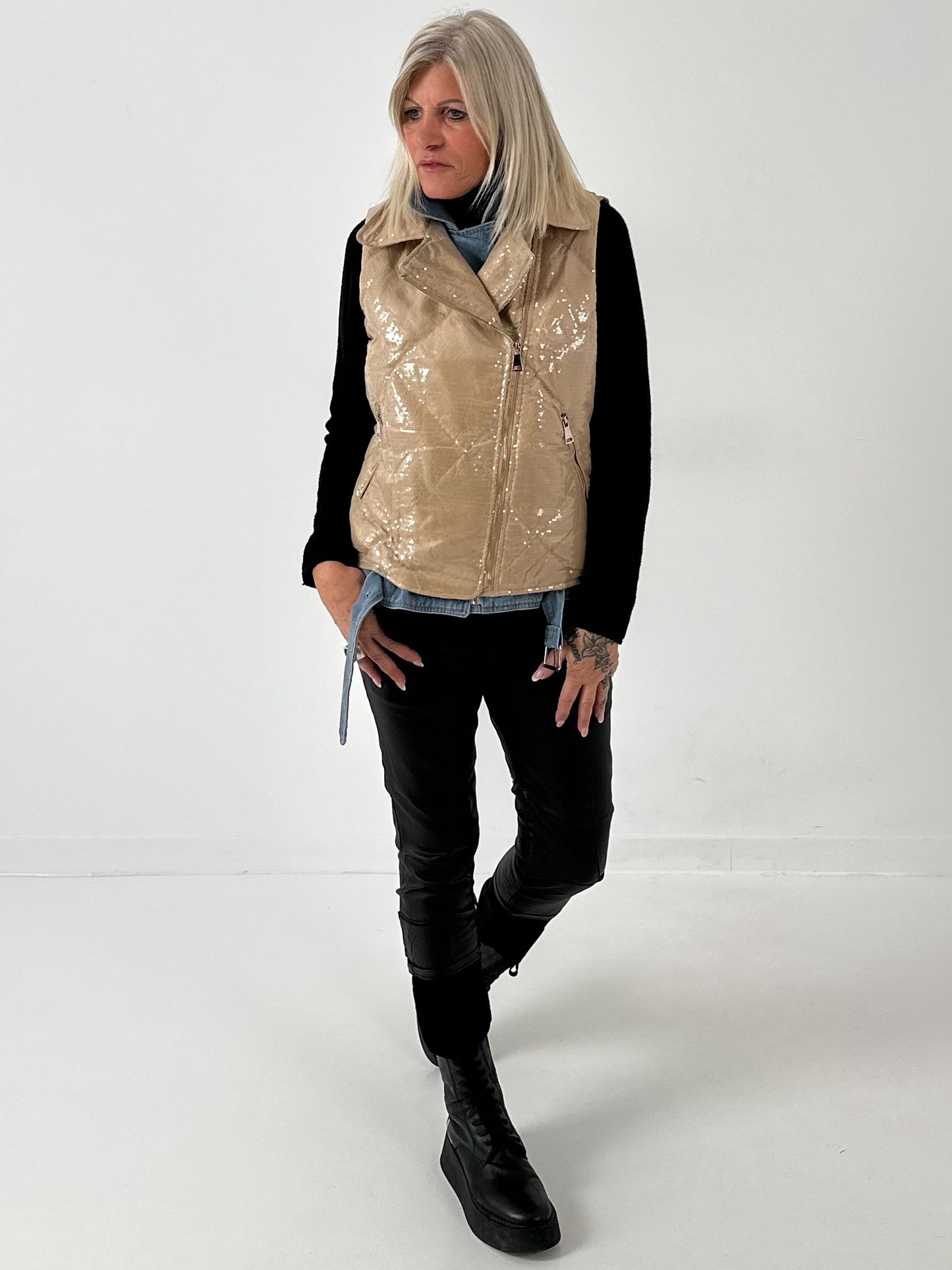 Vest with sequins and denim insert model "Smilla" - beige-denim