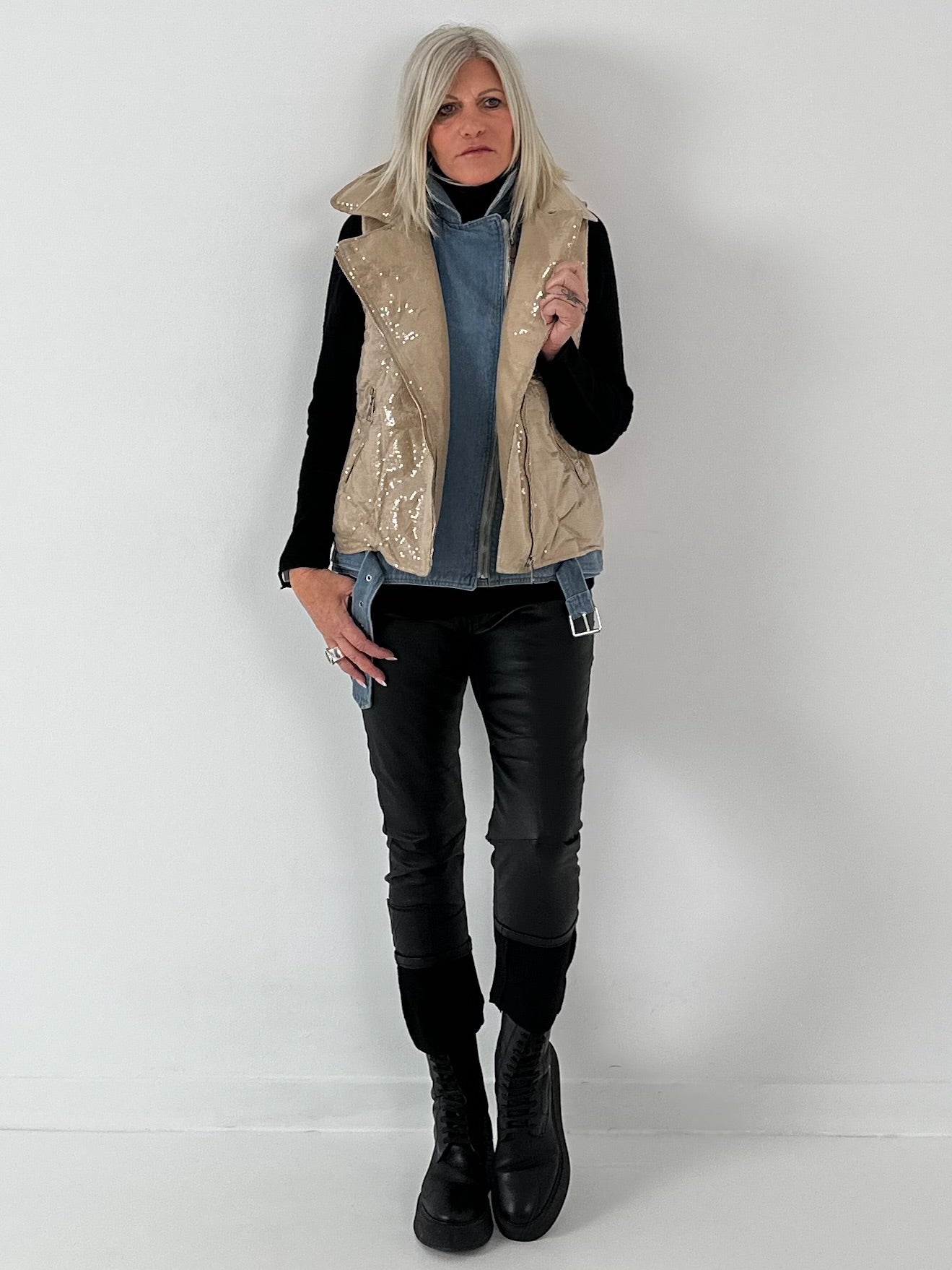 Vest with sequins and denim insert model "Smilla" - beige-denim
