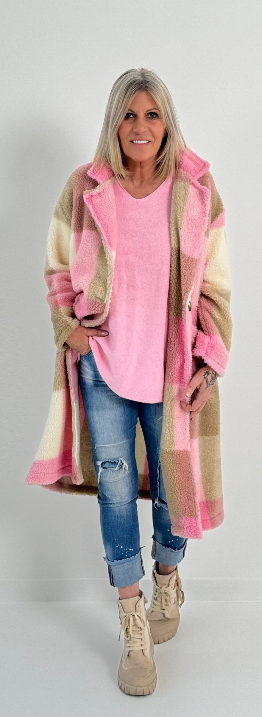 Teddy coat model "Coco" - pink-checked