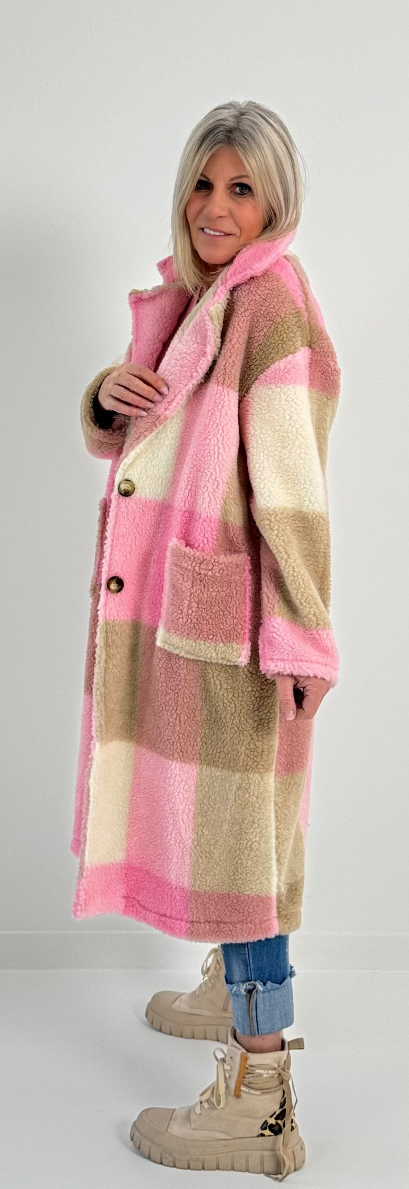 Teddy coat model "Coco" - pink-checked