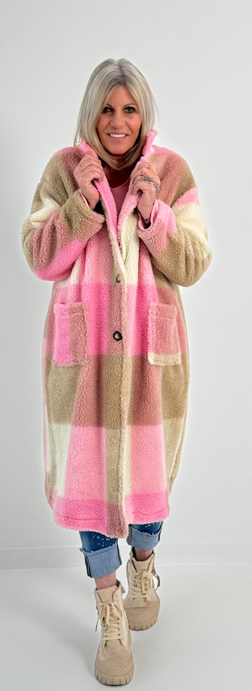 Teddy coat model "Coco" - pink-checked